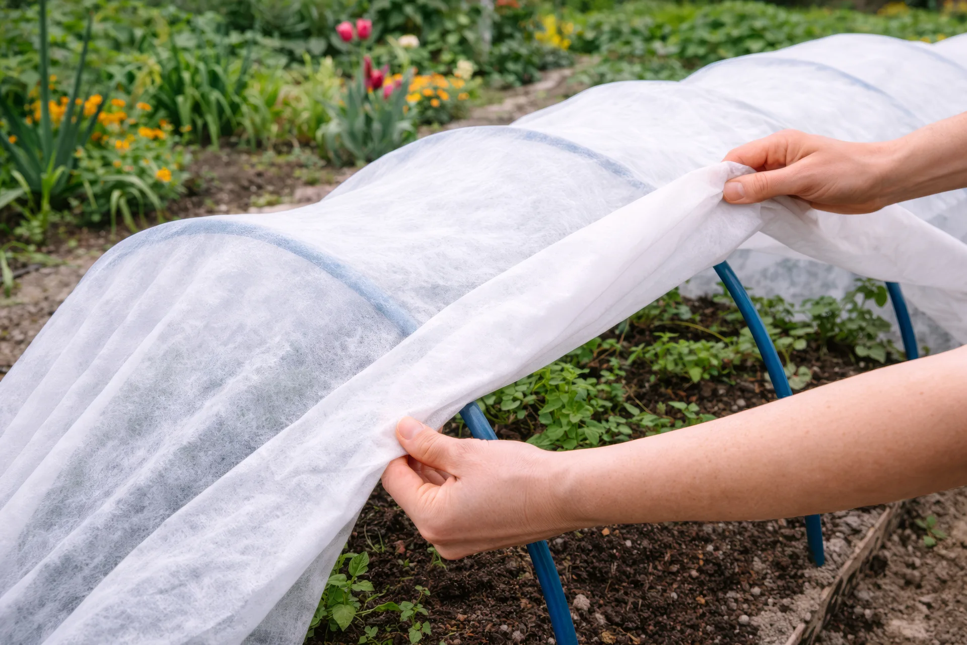 Hands lifting PP spunbond nonwoven row cover fabric over garden bed — frost protection application