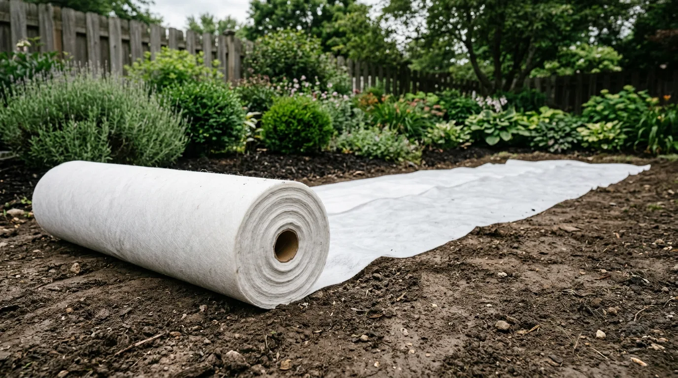 Roll of PP spunbond nonwoven fabric being unrolled in garden — weed control and ground cover