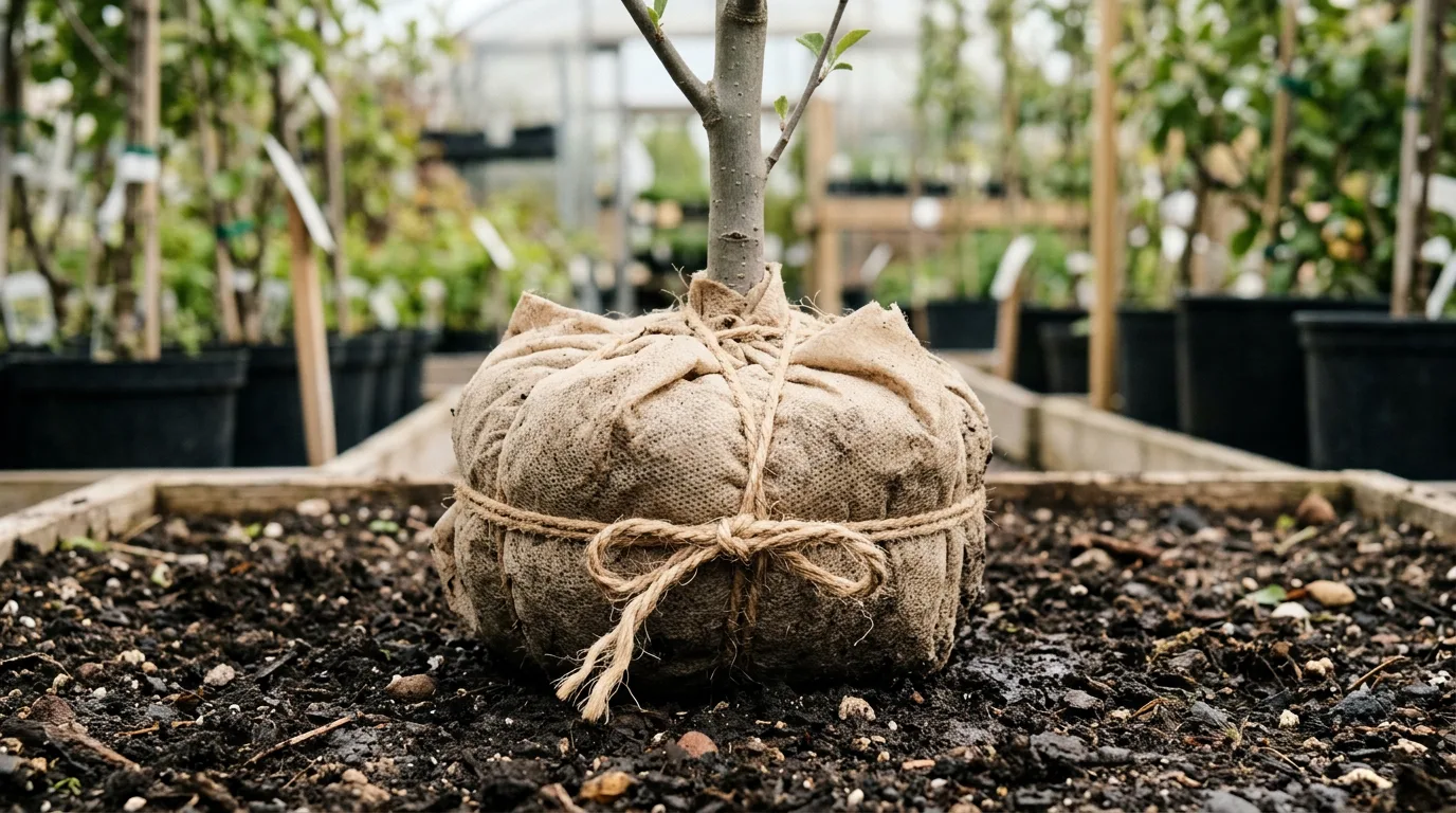 Tree root ball wrapped in nonwoven fabric — nursery and transplanting application