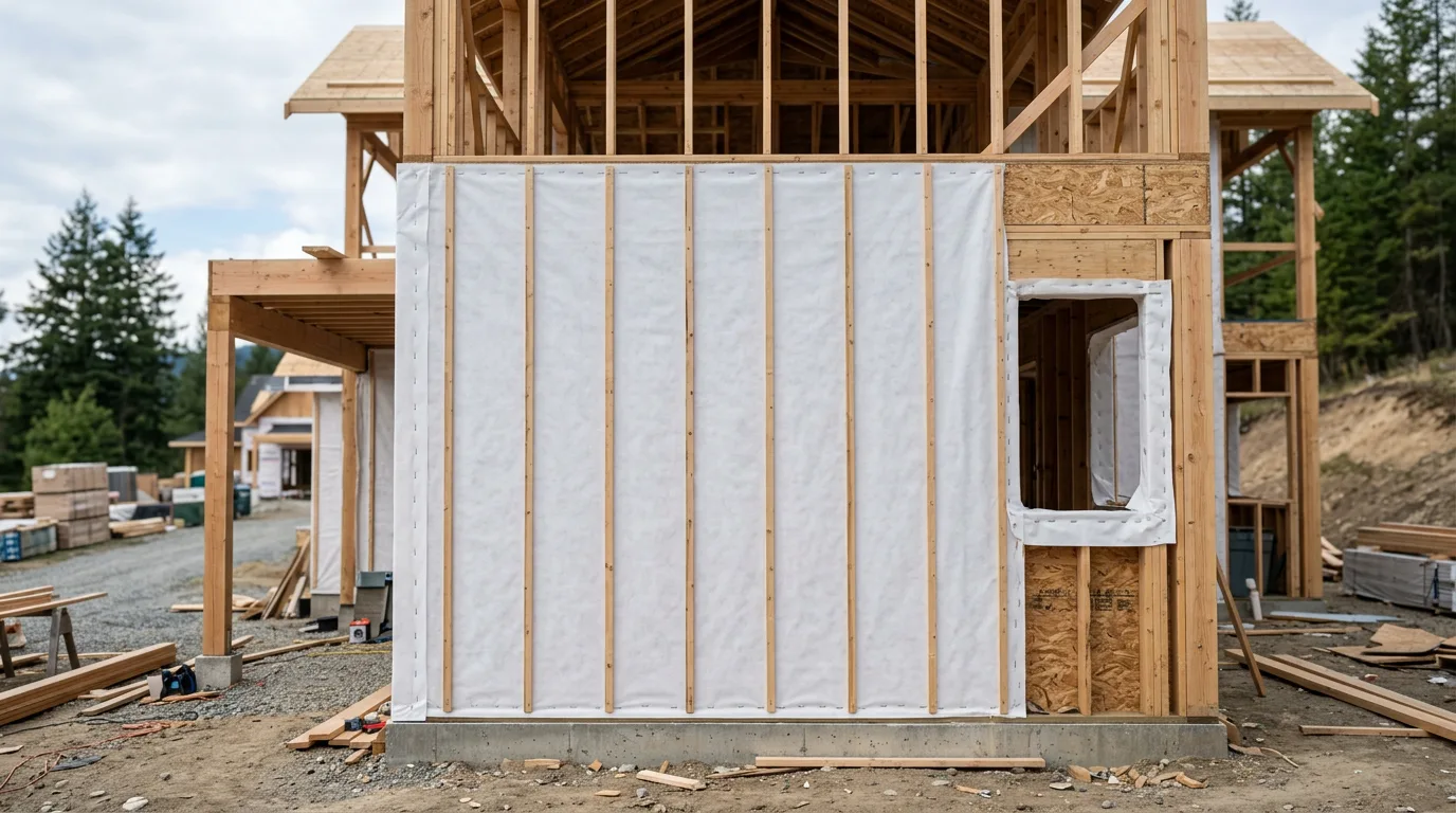 PP spunbond nonwoven house wrap installed on timber-frame construction