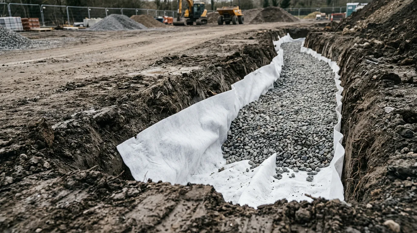 Geotextile nonwoven fabric lining a drainage trench with gravel backfill