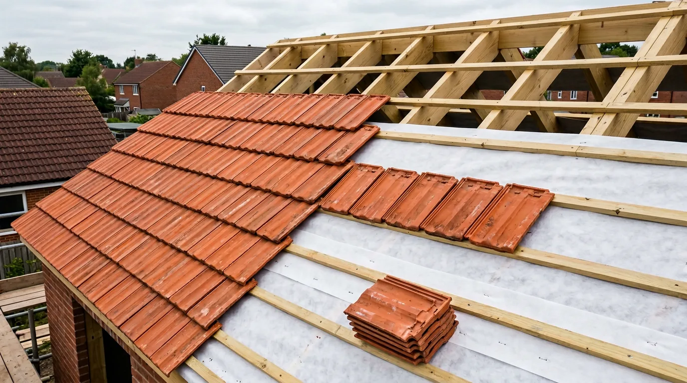 PP spunbond nonwoven roofing underlay being installed under terracotta roof tiles