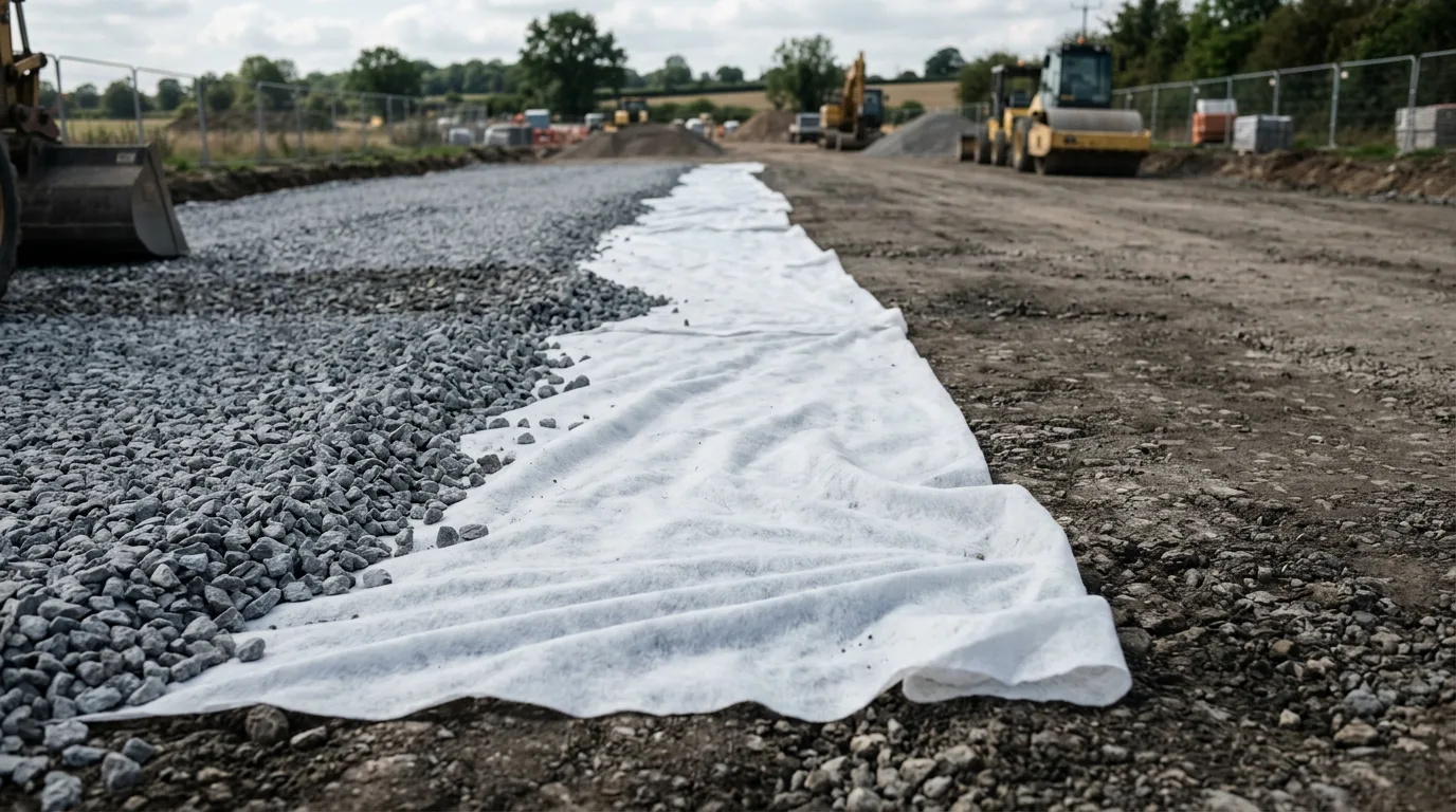 Heavy nonwoven geotextile fabric laid as road underlay during construction