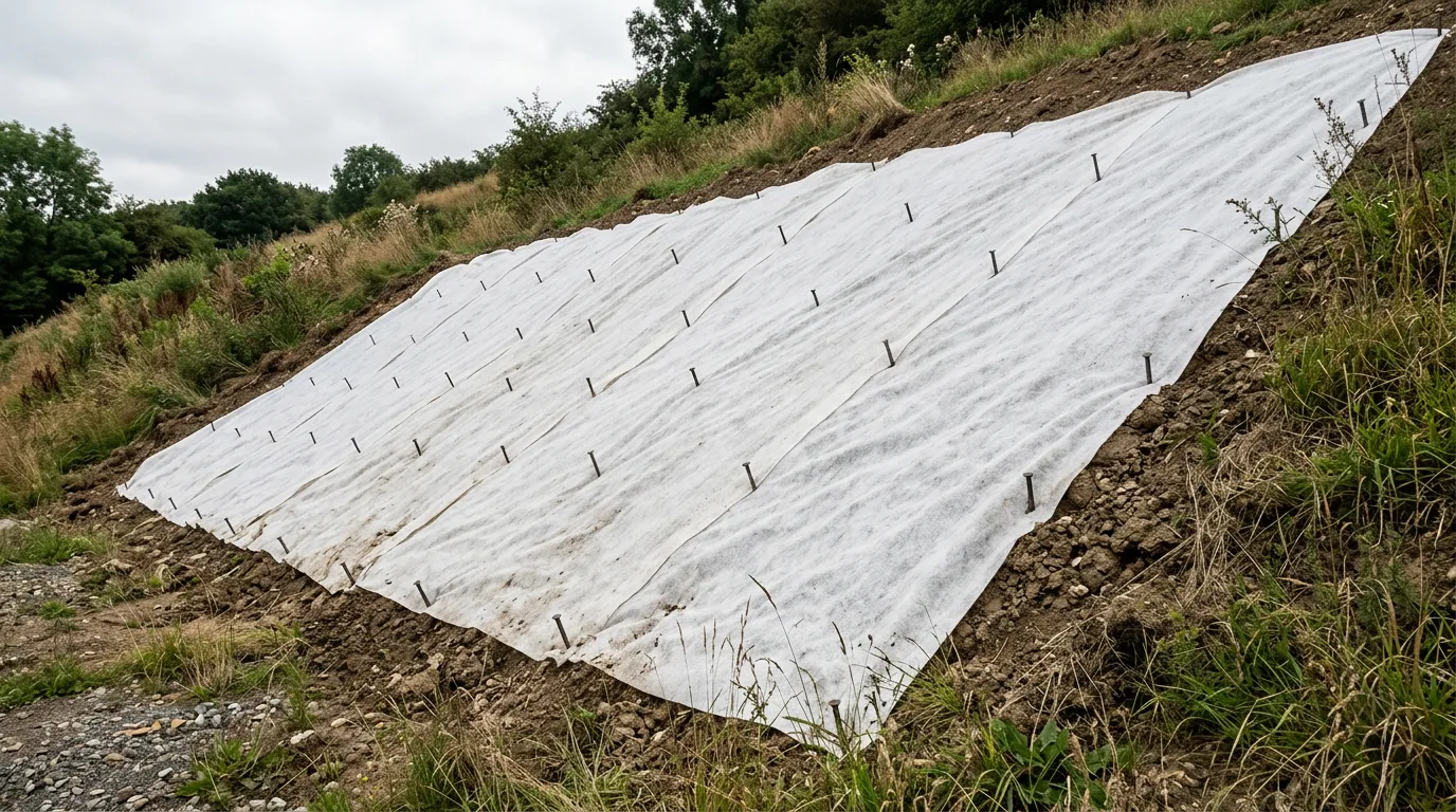 PP spunbond nonwoven pinned across sloped earth embankment — erosion control