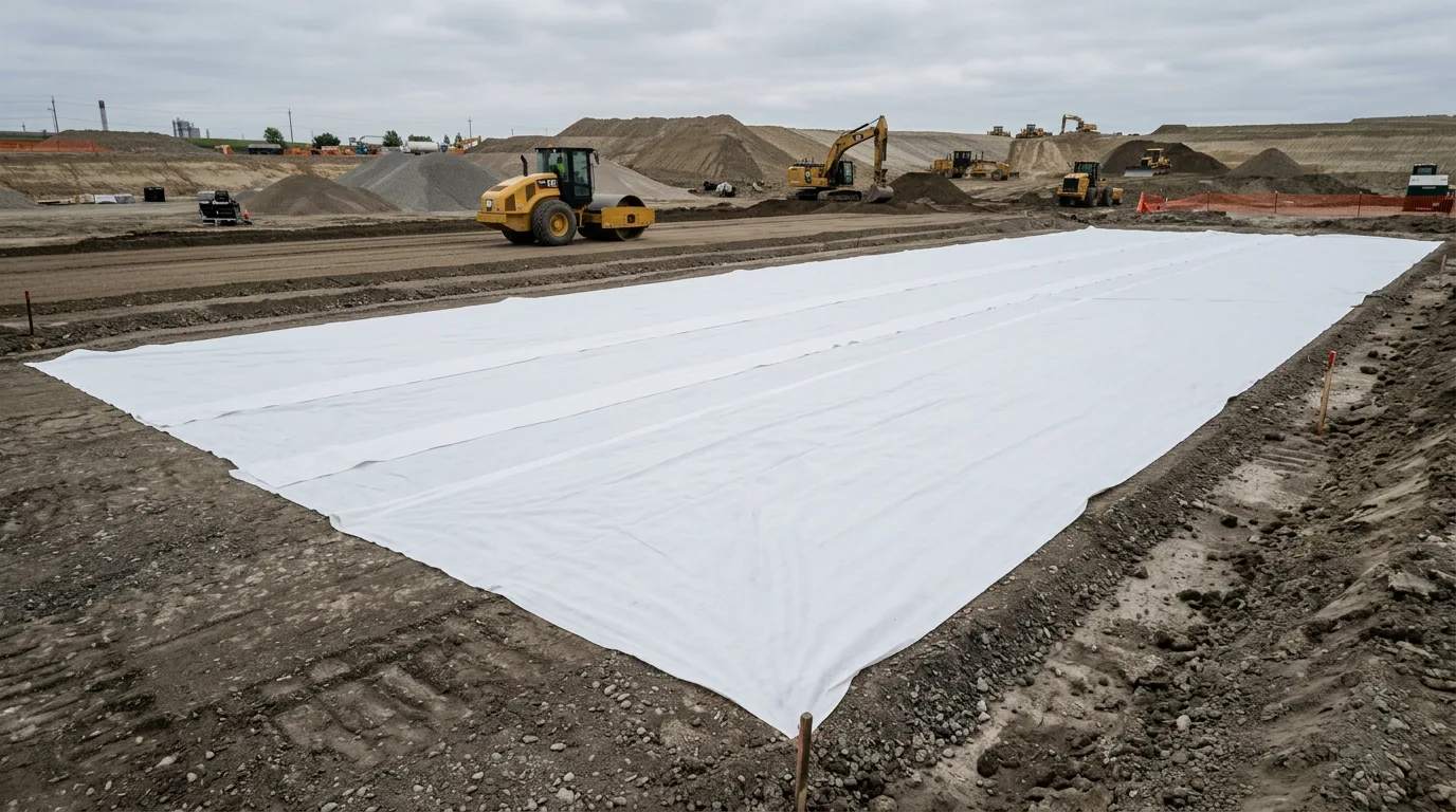 Large flat sheet of white geotextile nonwoven laid across construction site