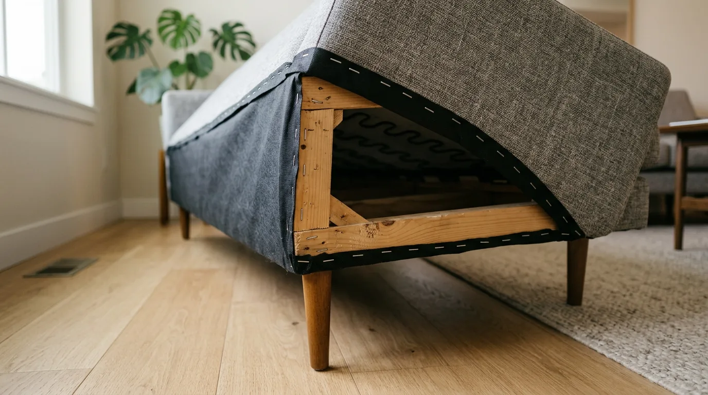 Underside of fabric sofa showing black PP spunbond dust cover — furniture lining application