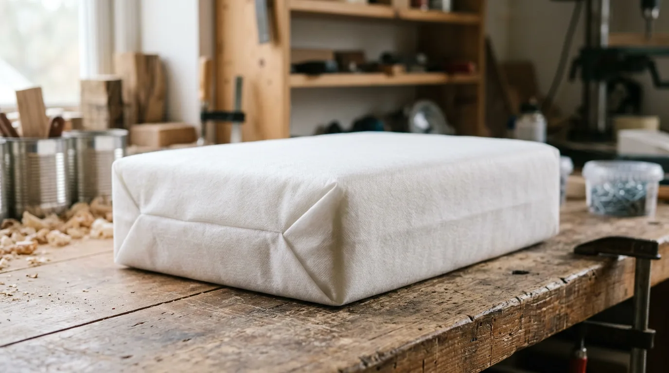 Foam cushion insert wrapped in white PP spunbond nonwoven — furniture component application