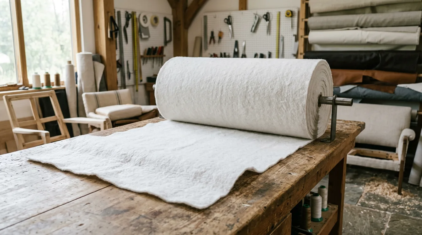 Large roll of heavy white PP spunbond upholstery backing fabric on craftsman workbench