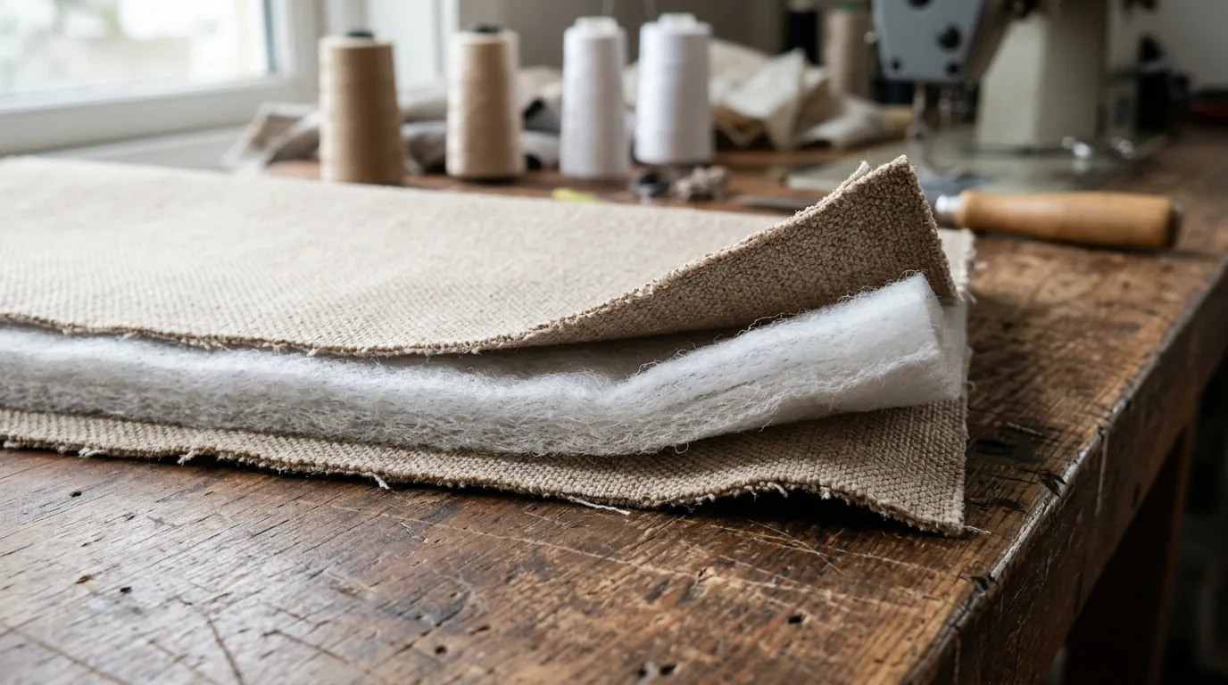 Cross-section of layered nonwoven fabrics on workshop bench — furniture lining construction
