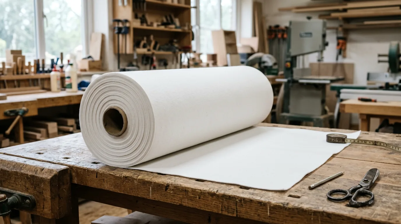 Roll of dense structured PP spunbond nonwoven fabric on workbench — furniture grade material