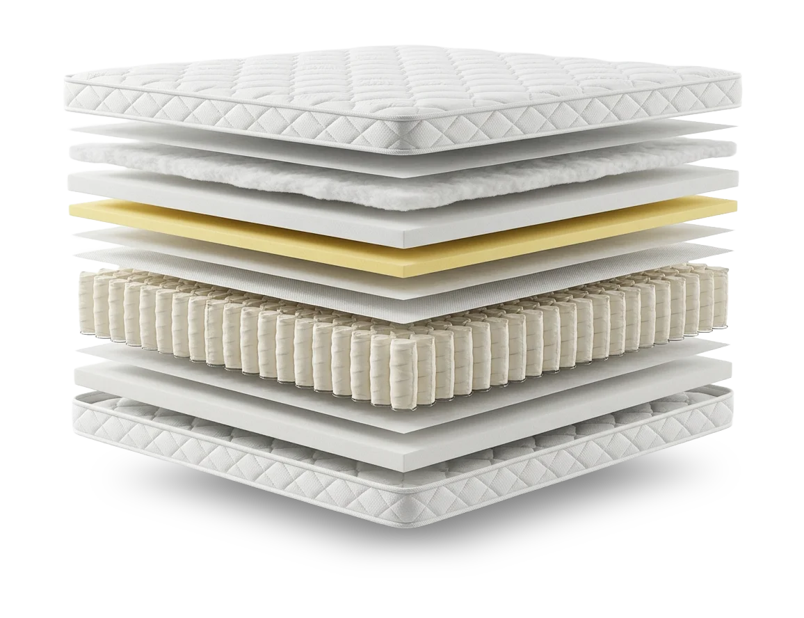 Exploded mattress layer diagram showing pocket spring unit, nonwoven insulator, separation layers, and comfort stack — Greatech Nonwoven
