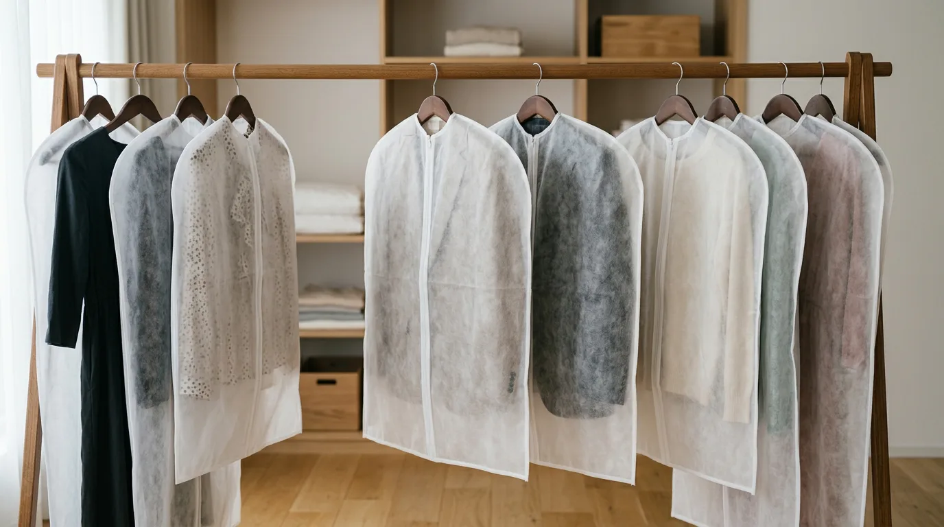 Garments hanging on rack inside lightweight PP spunbond nonwoven dust covers