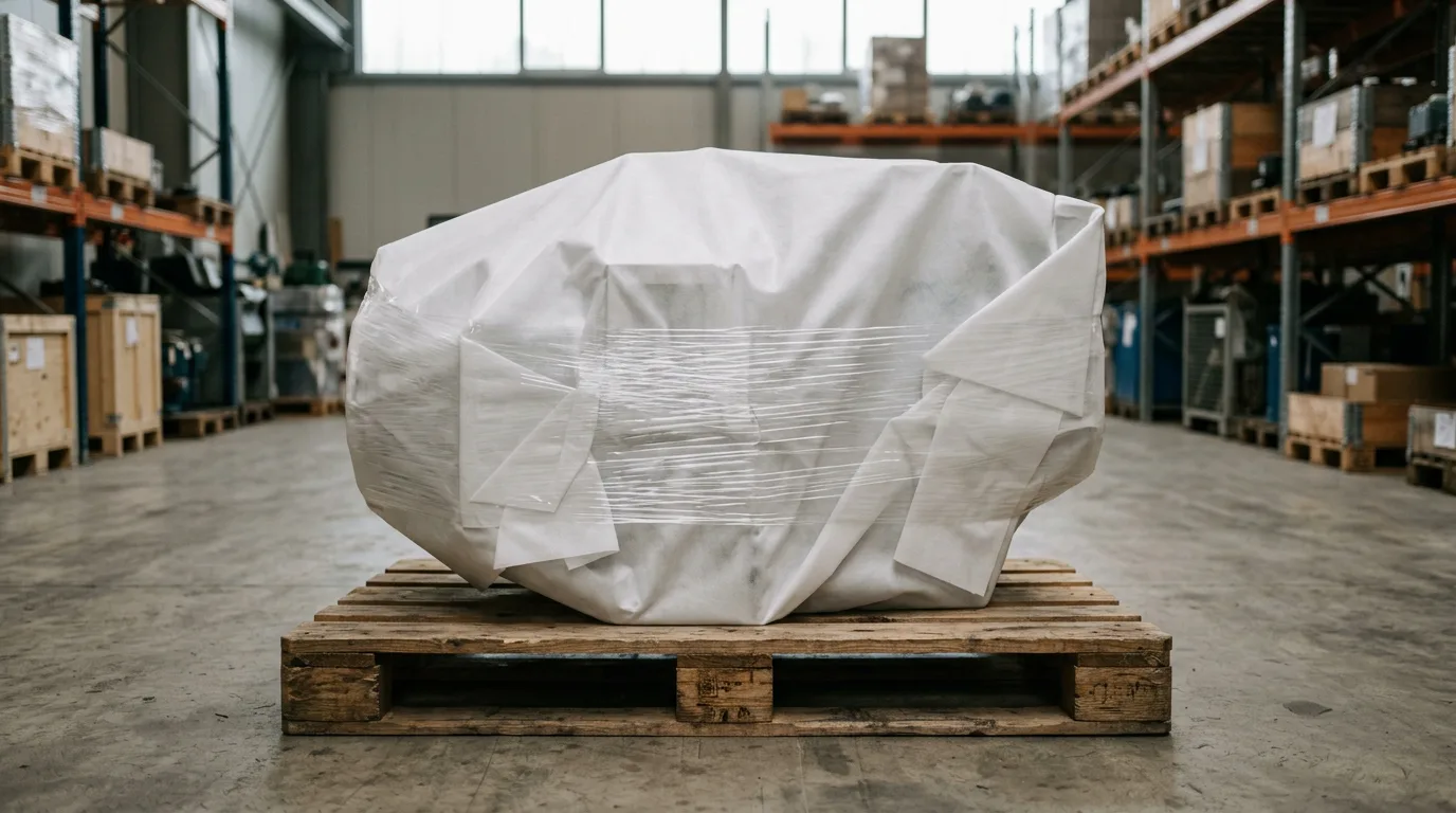 Large machinery wrapped in smooth white PP spunbond nonwoven on pallet — industrial packaging